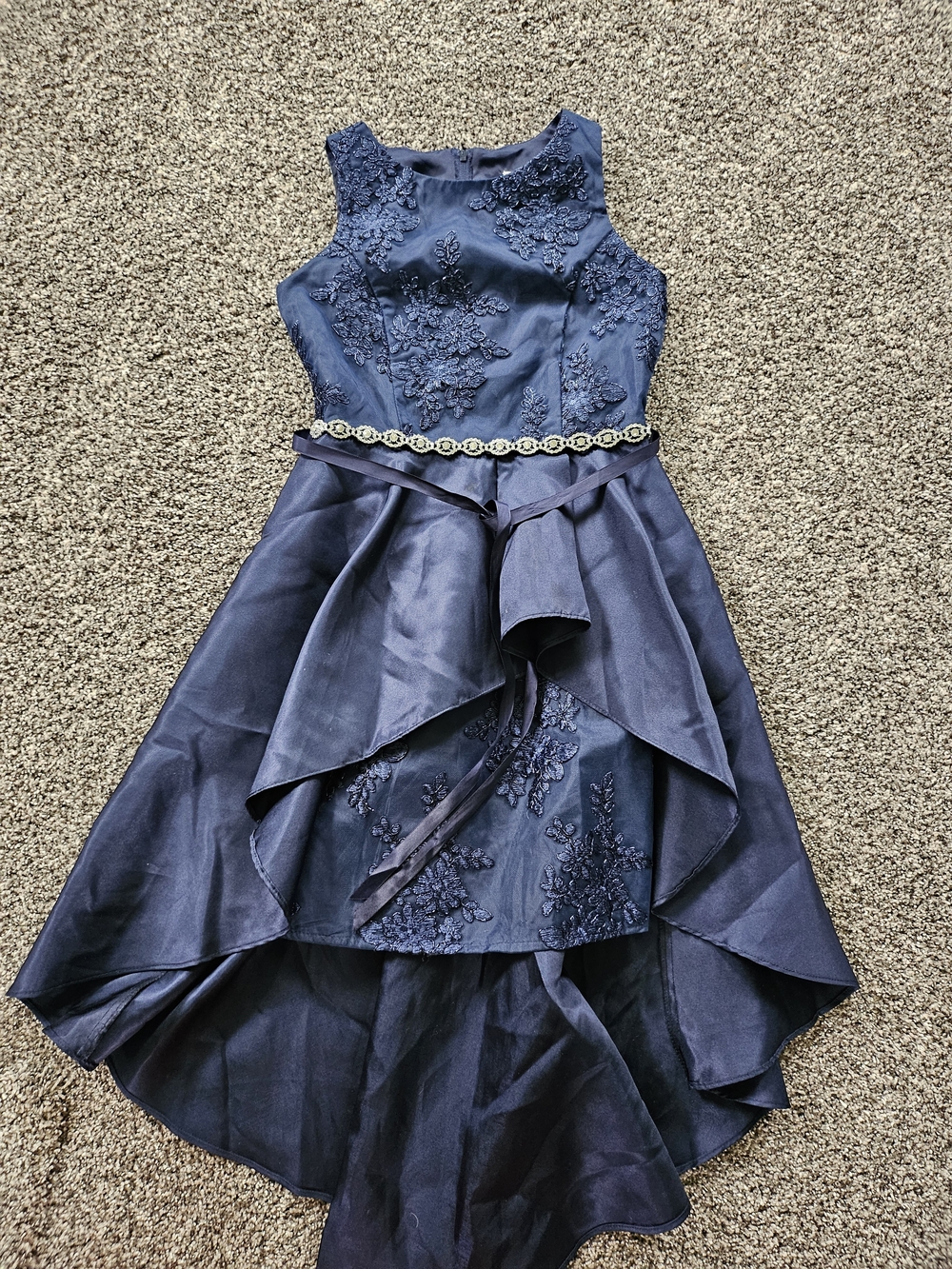 Rare Editions Navy Blue Embroidered High-Low Party Dress with Jeweled Belt